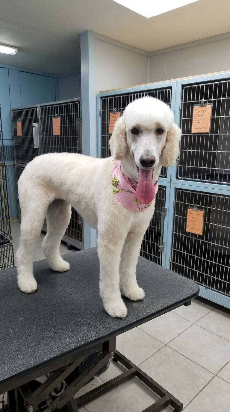 white Standard Poodle after grooming