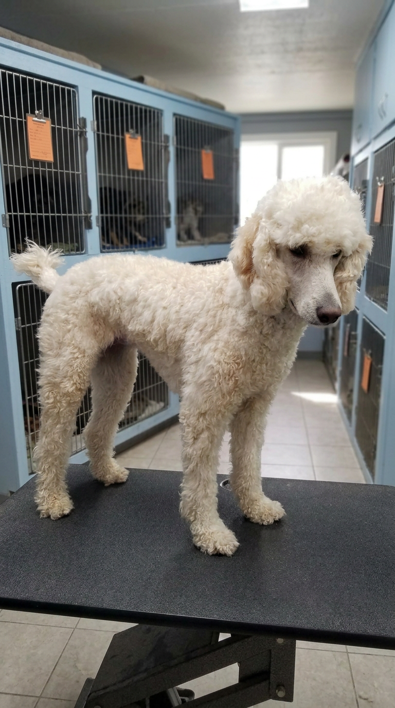 white Standard Poodle before grooming
