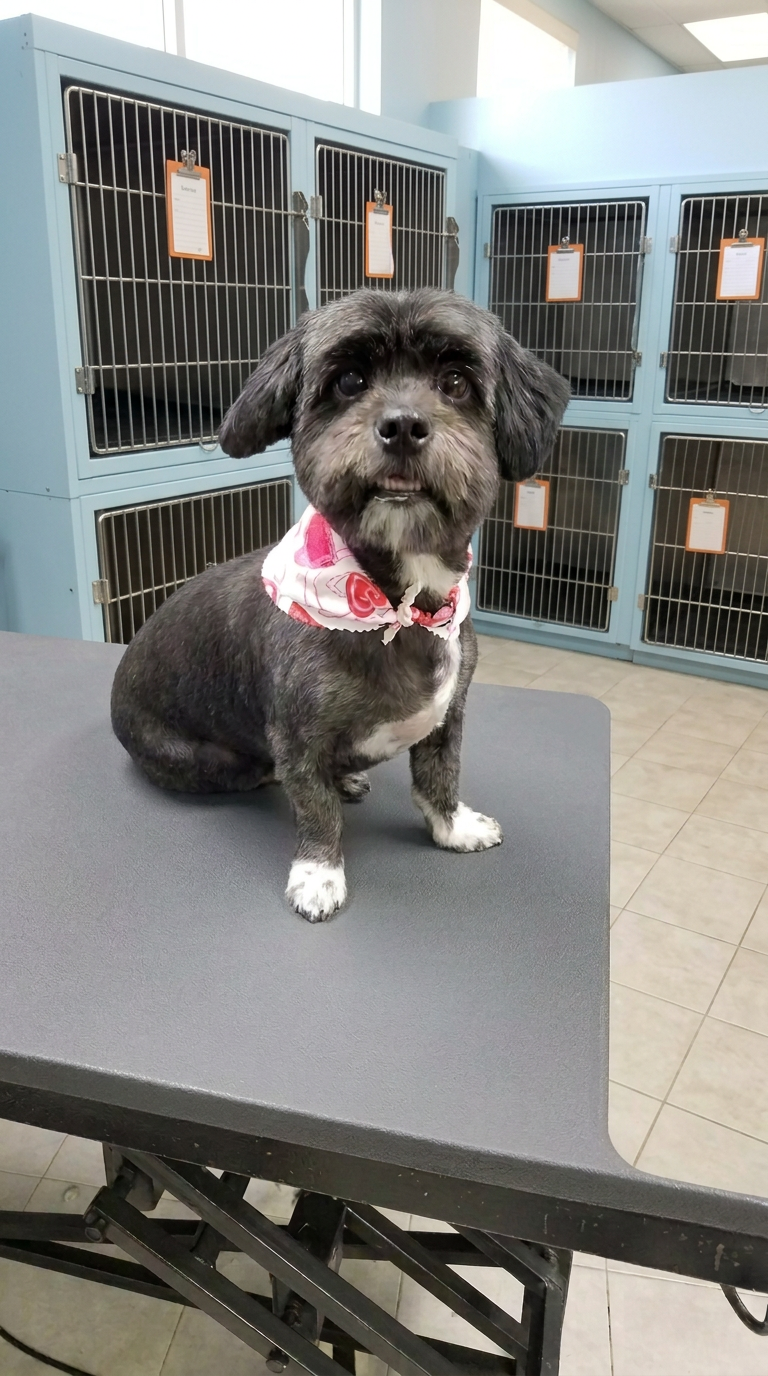 dark Shih Tzu-type mix after grooming