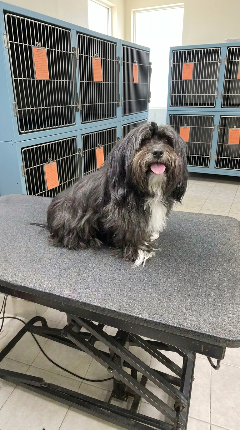 dark Shih Tzu-type mix before grooming