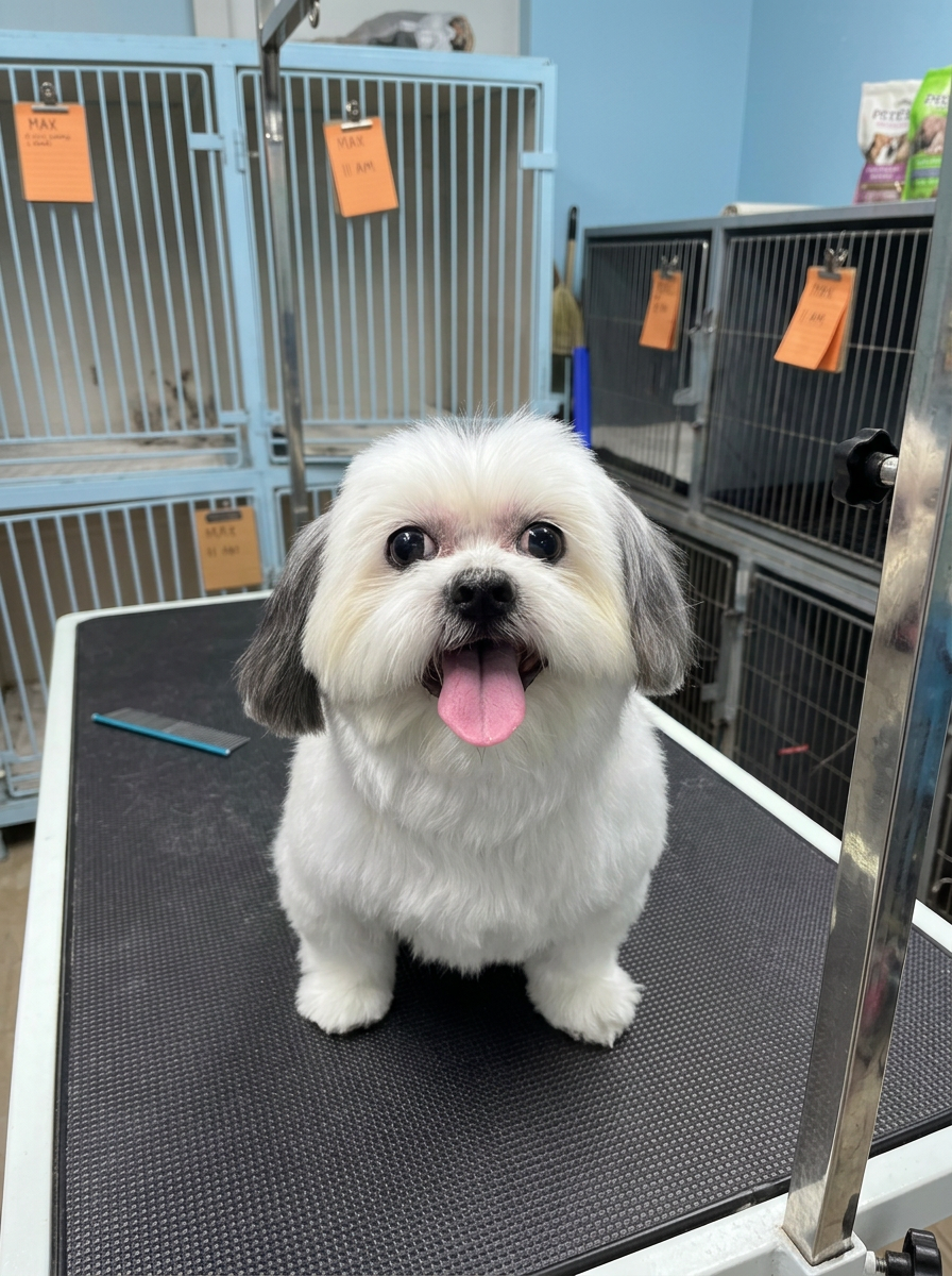 white Shih Tzu after grooming
