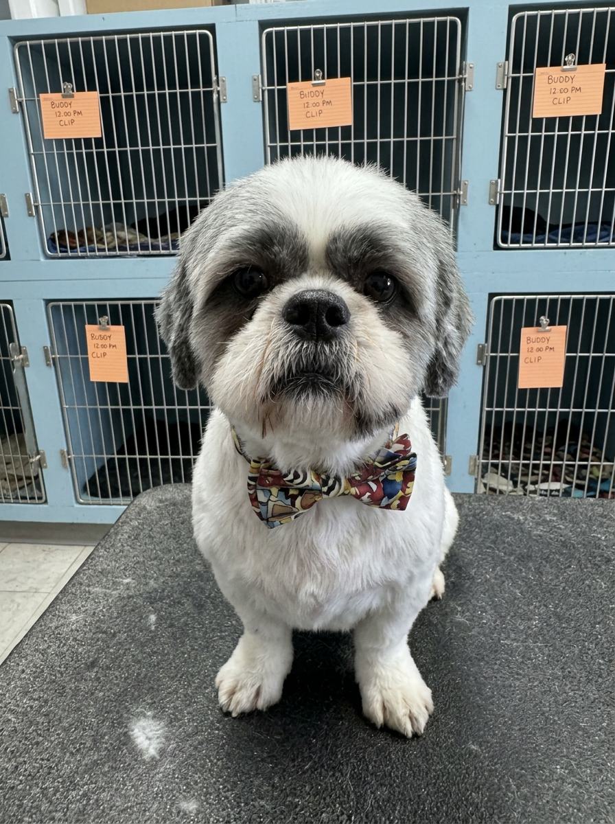 grey and white Shih Tzu after grooming
