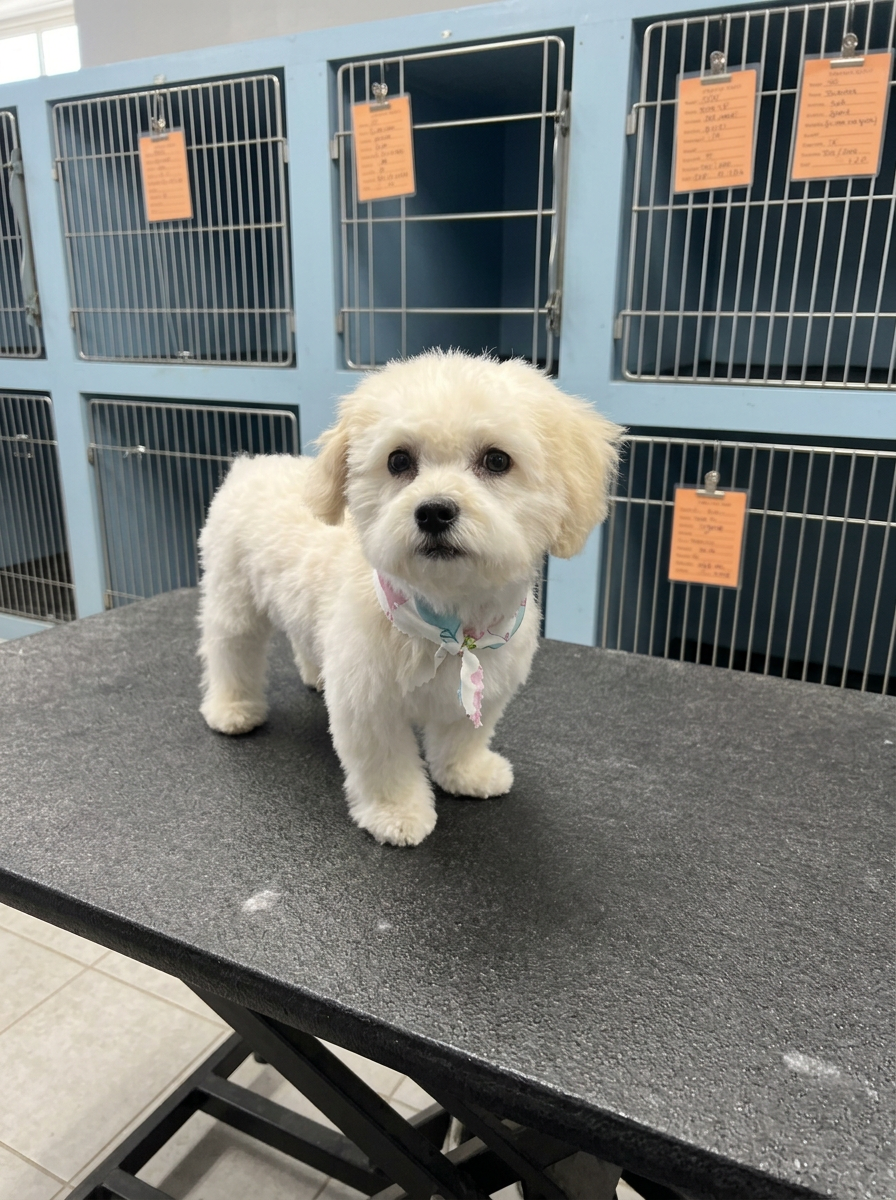 cream Poodle-type mix after grooming