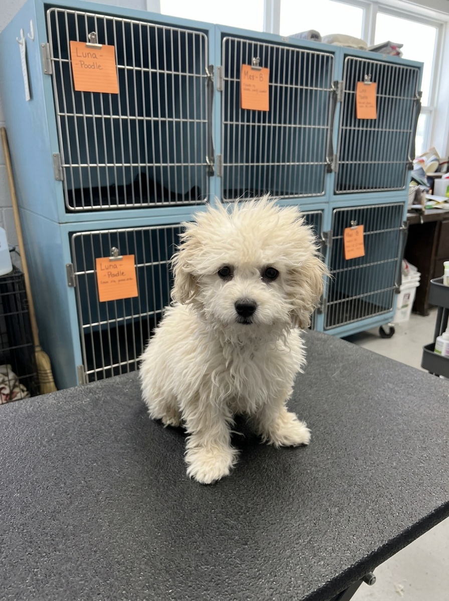 cream Poodle-type mix before grooming