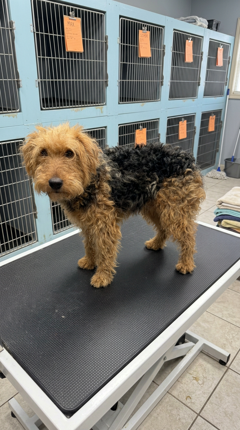 tan and black terrier before grooming