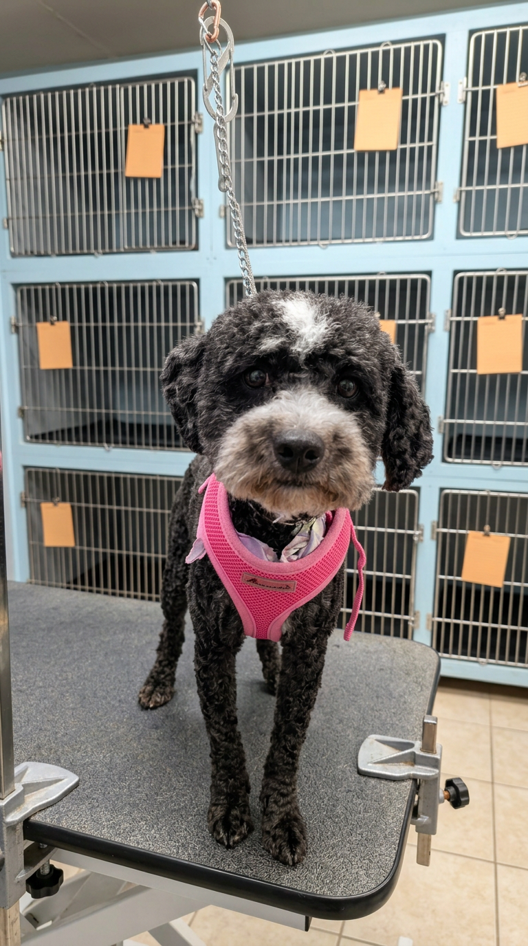 dark curly Poodle mix after grooming