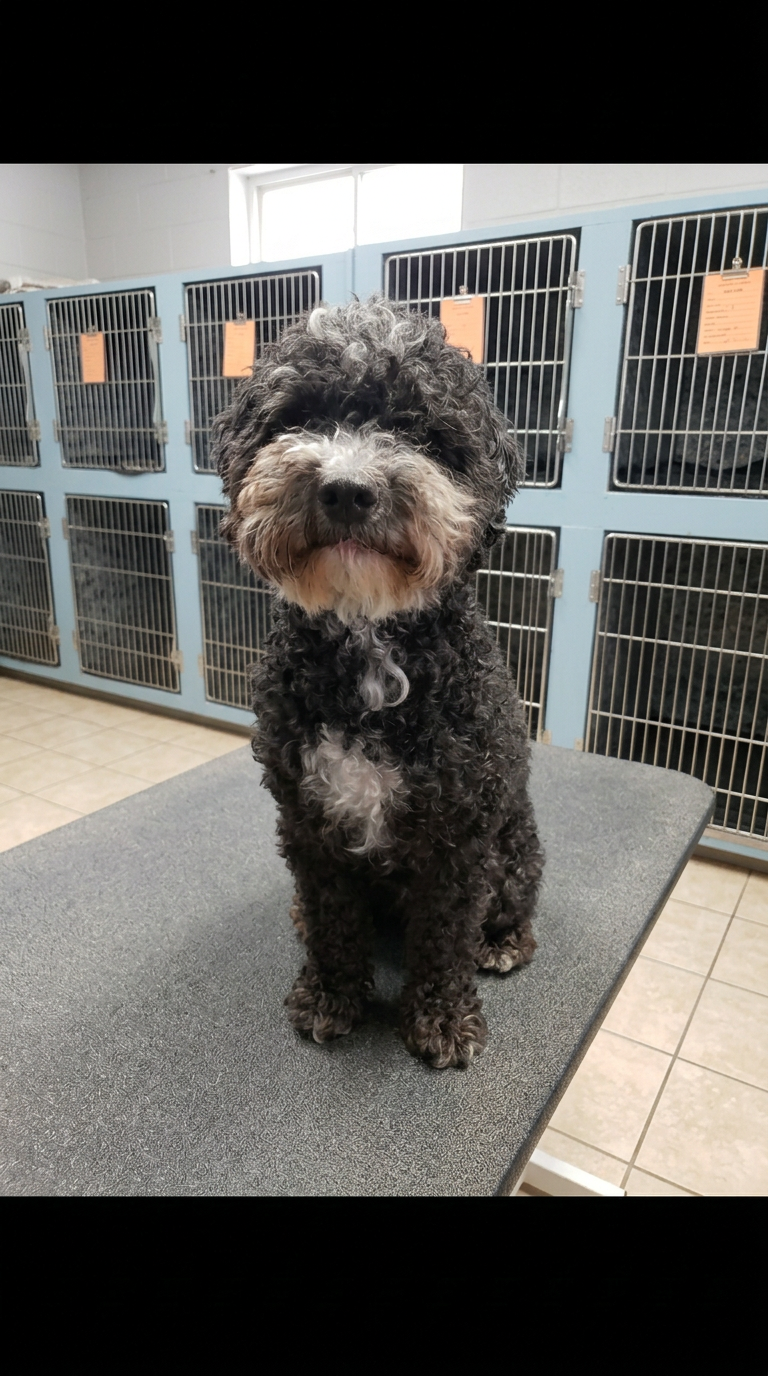 dark curly Poodle mix before grooming