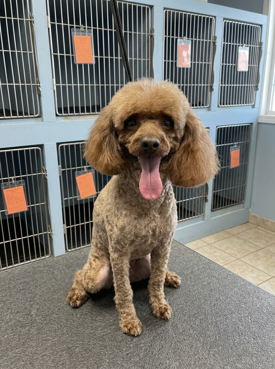 apricot Poodle after grooming