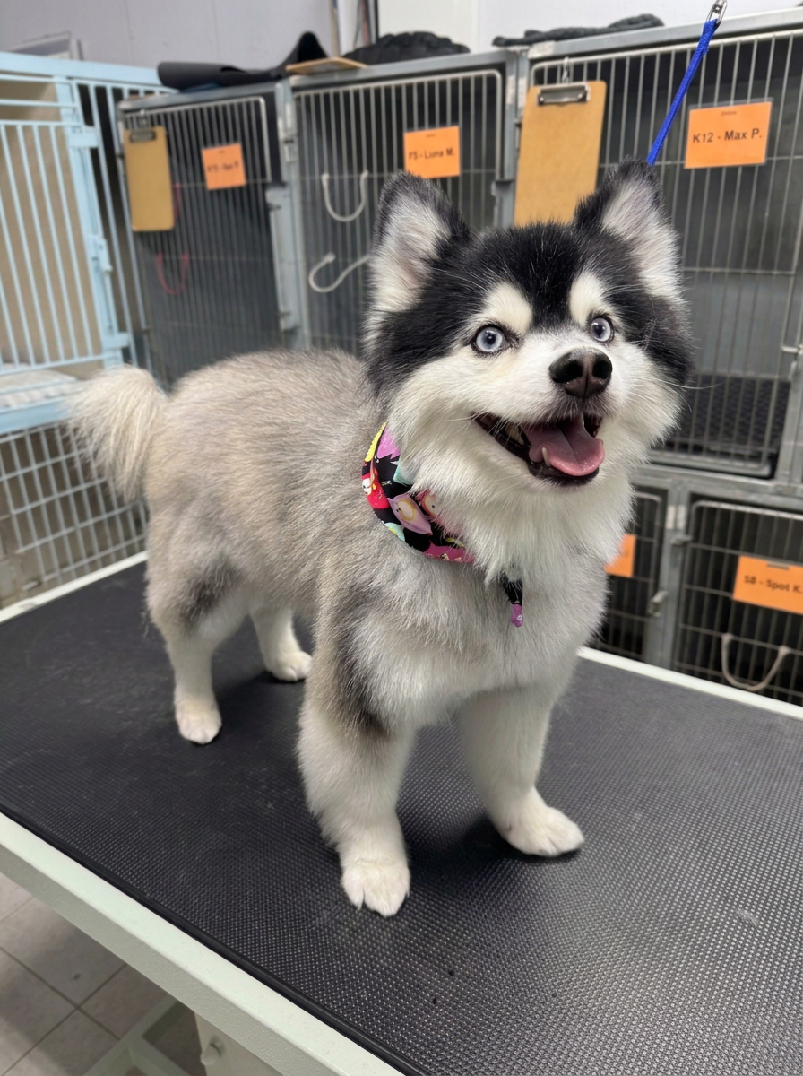 black and white Pomsky-type dog after grooming