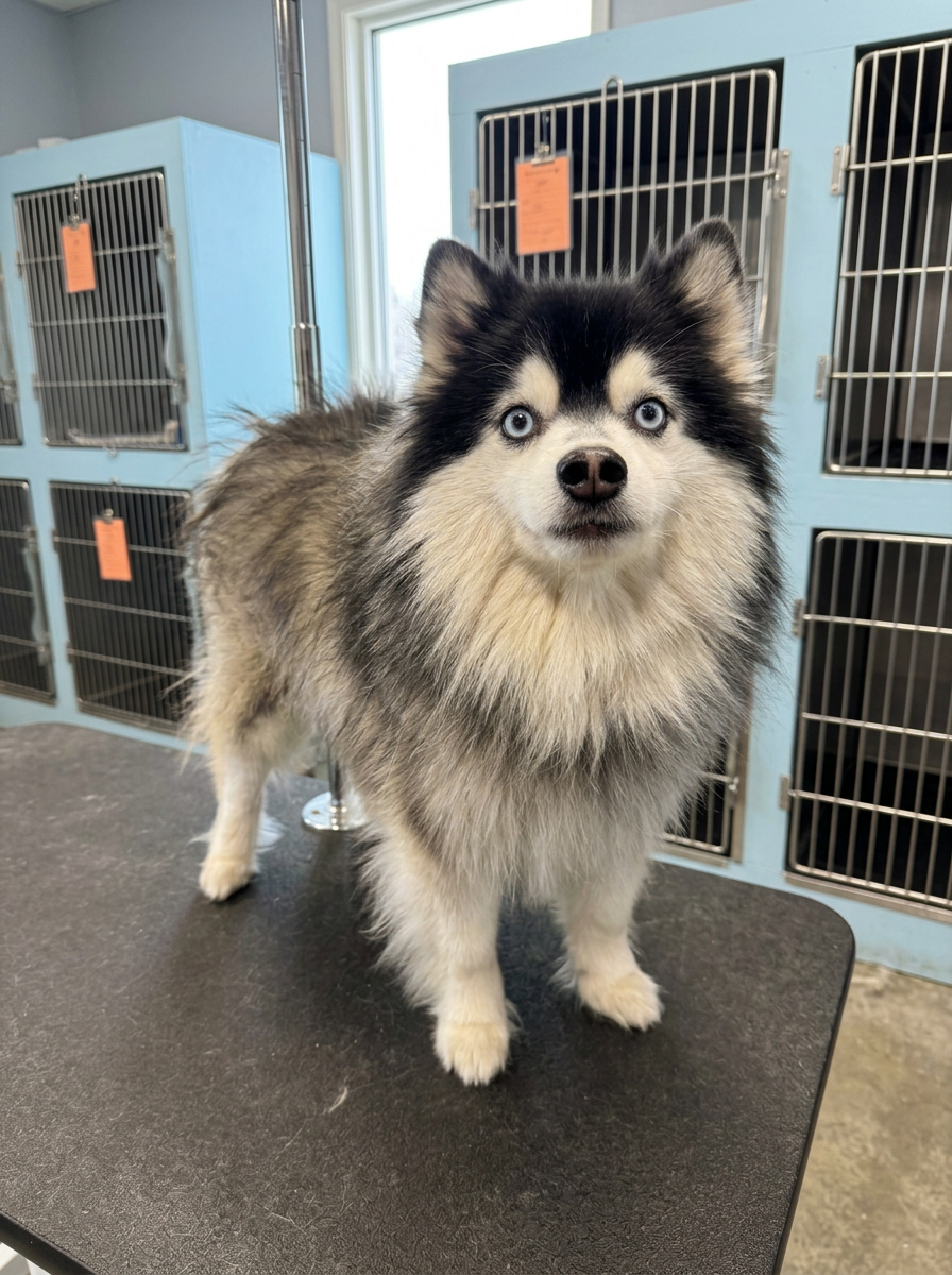 black and white Pomsky-type dog before grooming