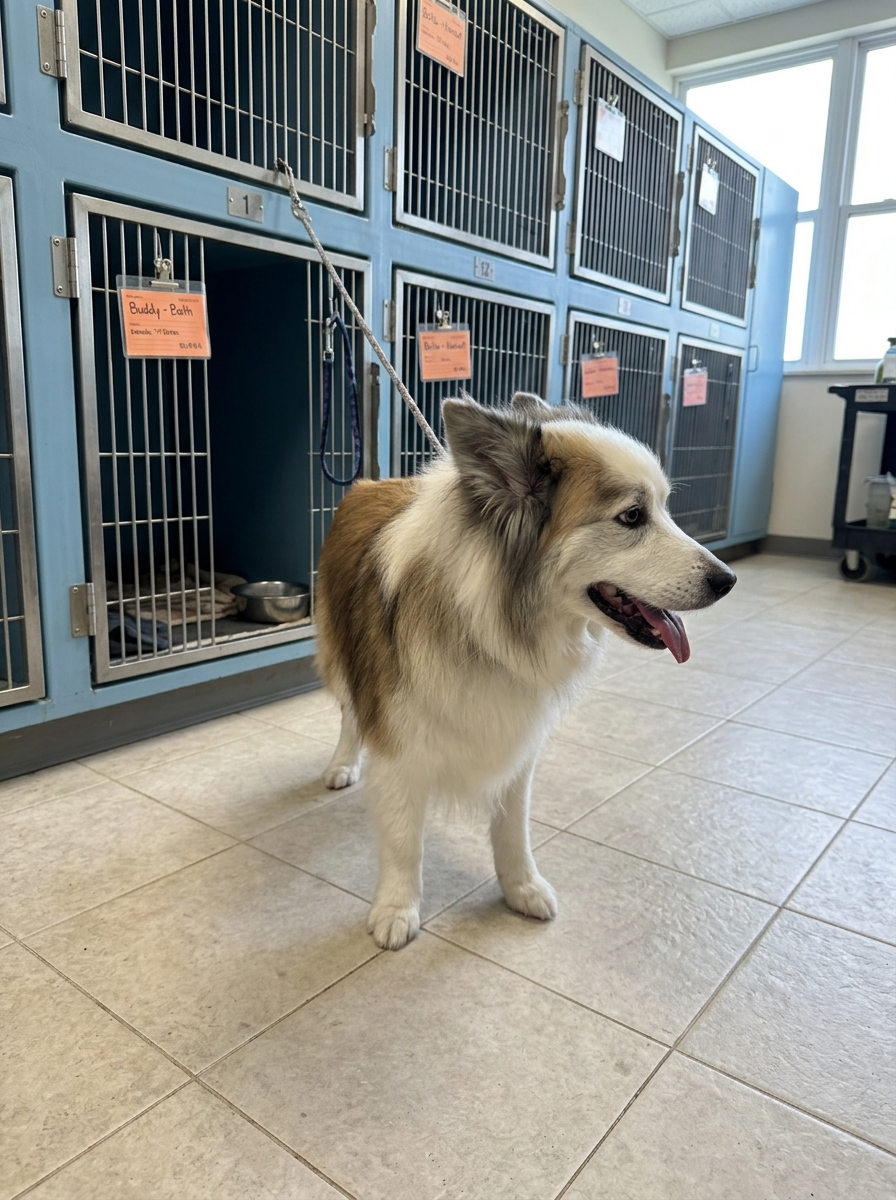 long-haired mixed breed dog after grooming