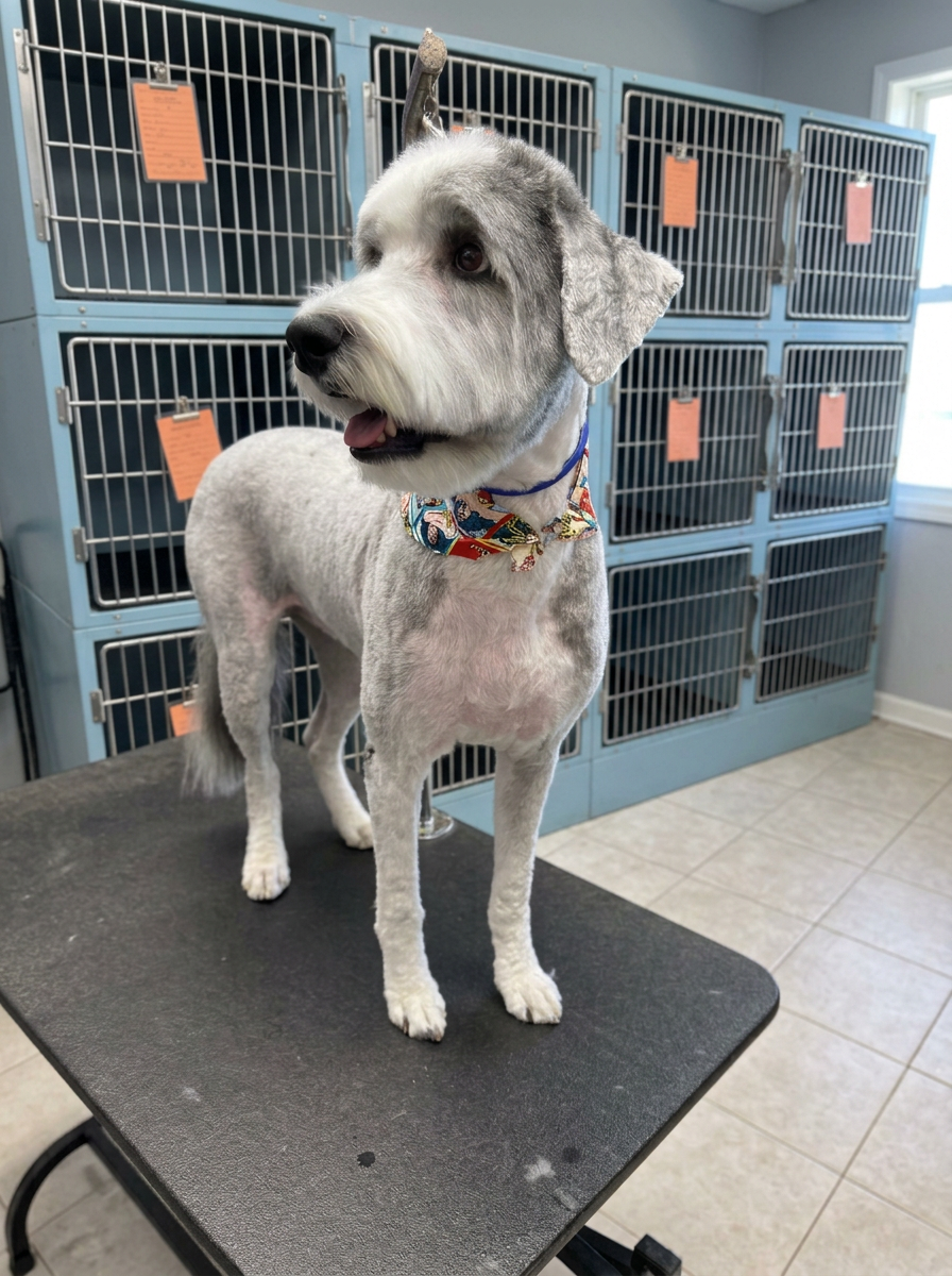 gray shaggy mix after grooming
