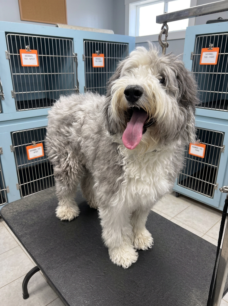 gray shaggy mix before grooming
