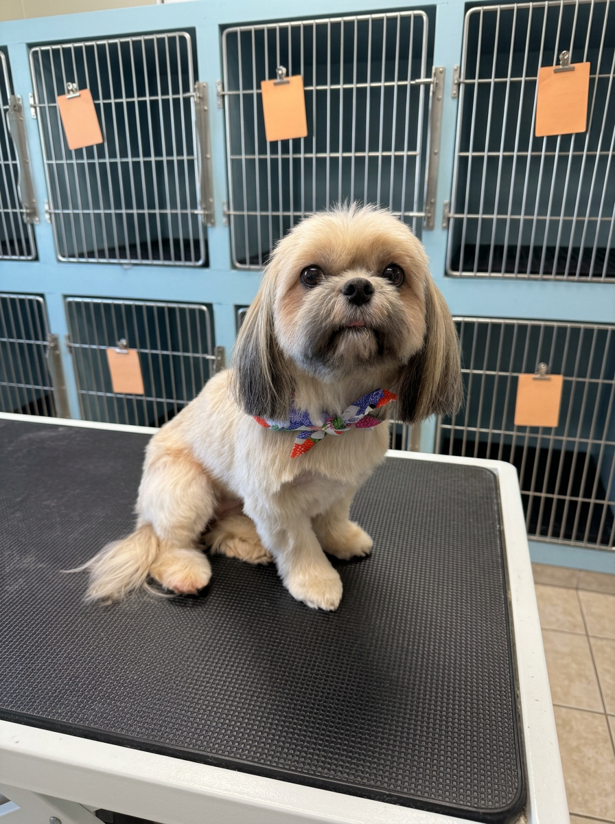 tan Lhasa Apso-type mix after grooming