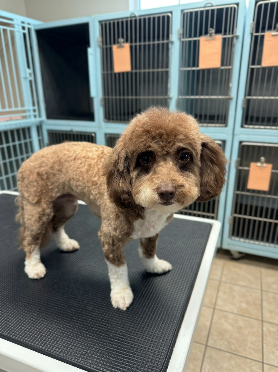 brown and white Poodle mix after grooming