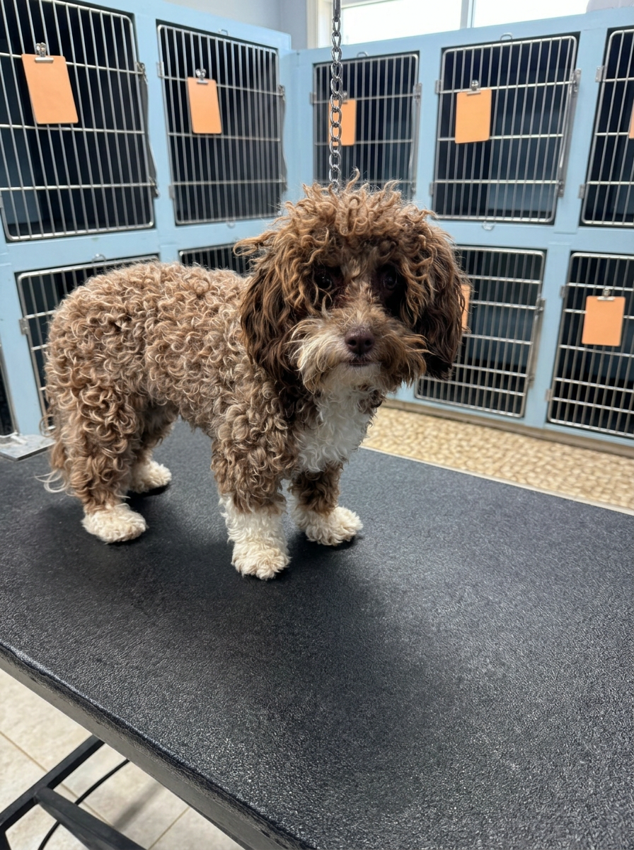 brown and white Poodle mix before grooming