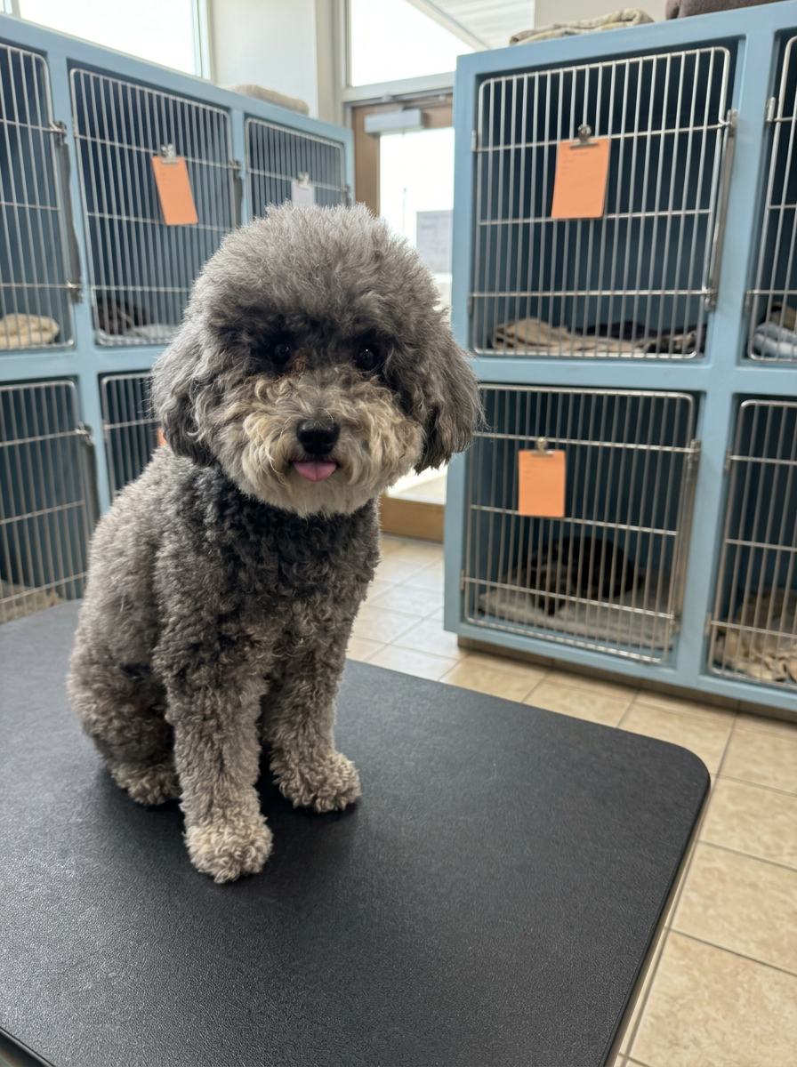 gray Poodle mix before grooming