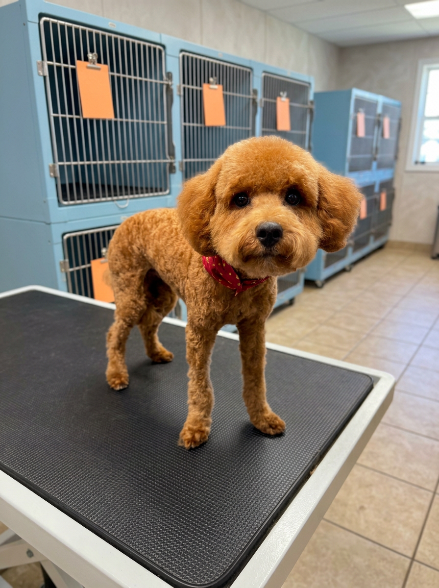 apricot Poodle after grooming