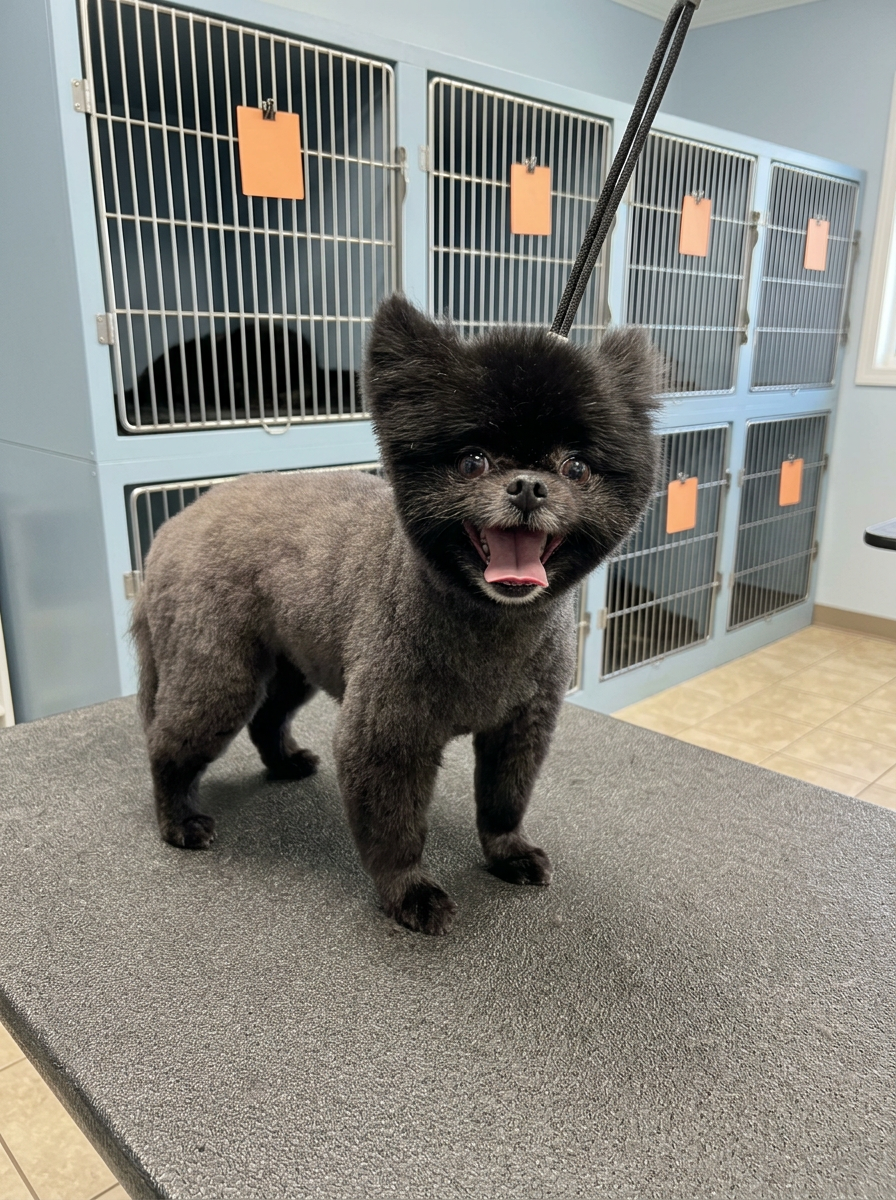 gray Pomeranian after grooming