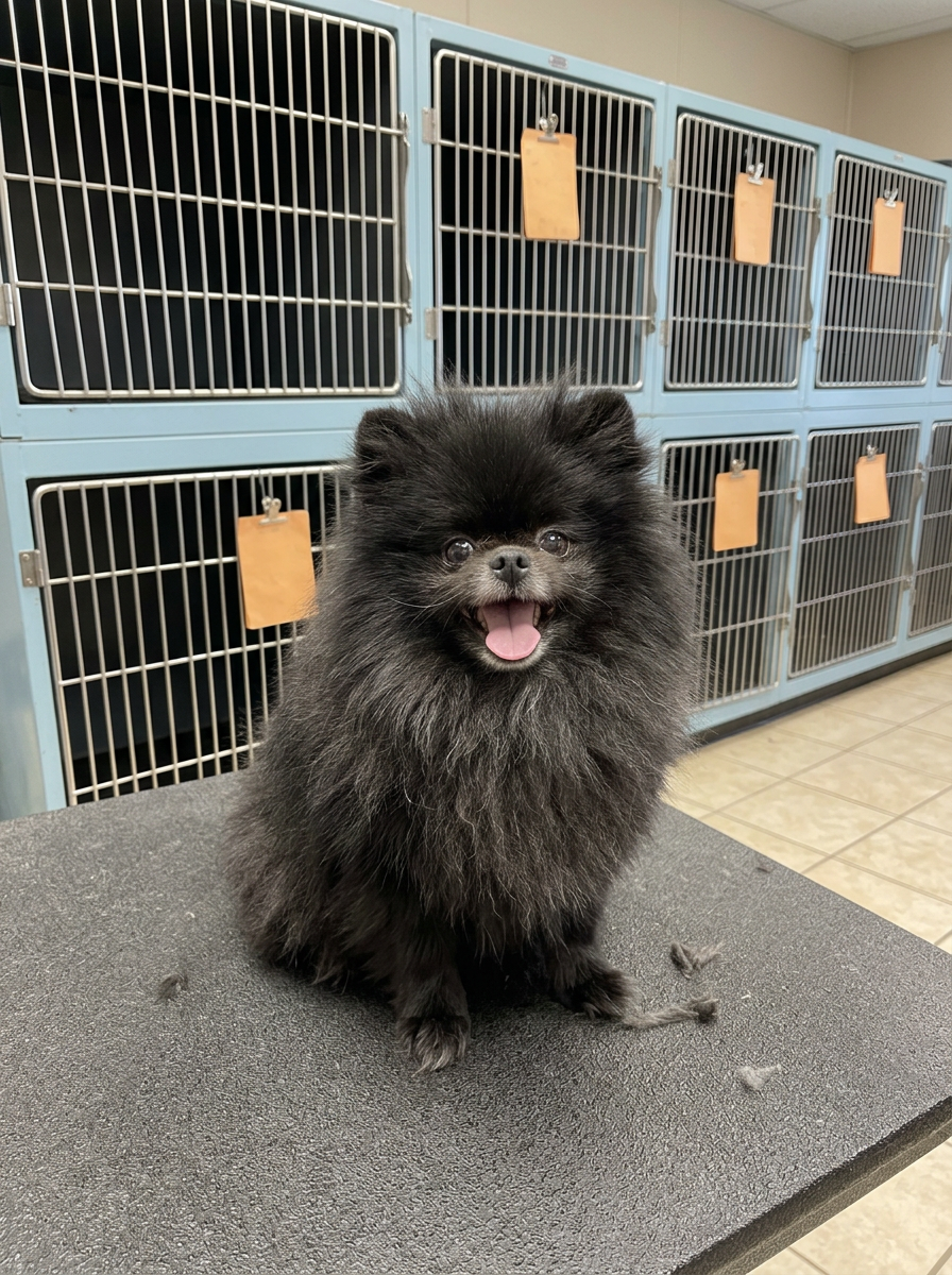 gray Pomeranian before grooming