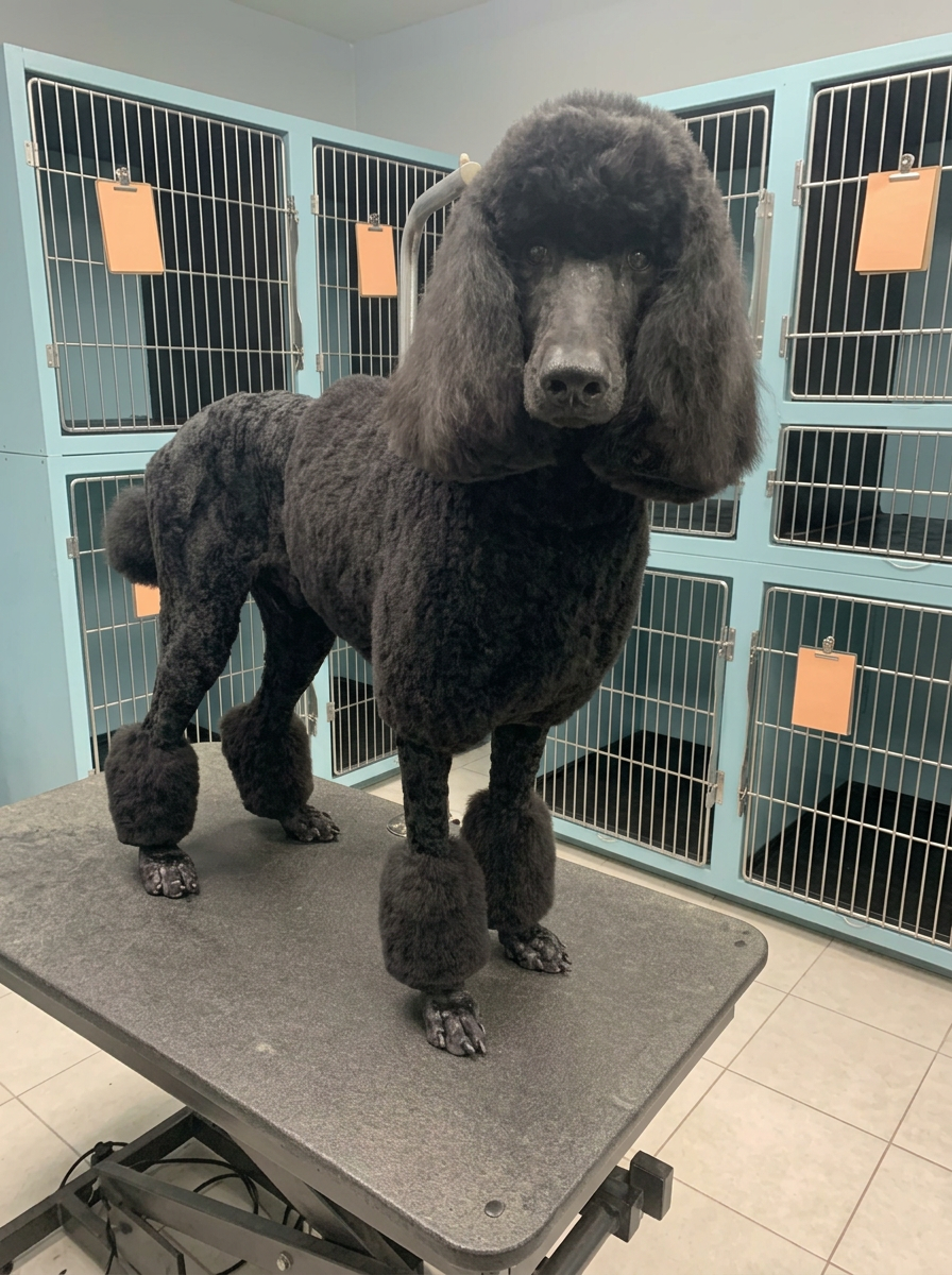 black Standard Poodle after grooming
