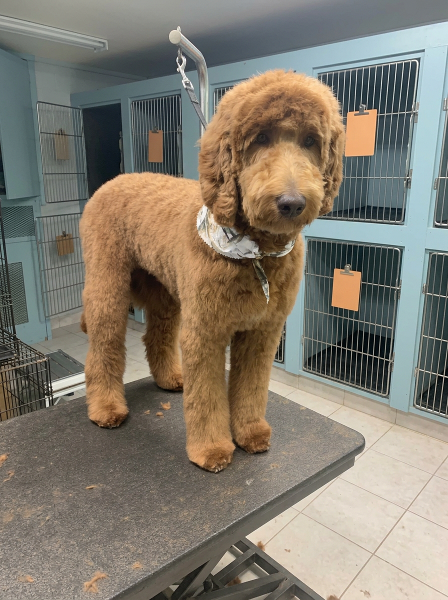 red Poodle mix after grooming