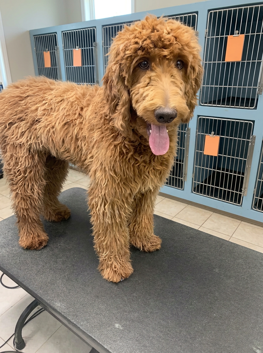 red Poodle mix before grooming