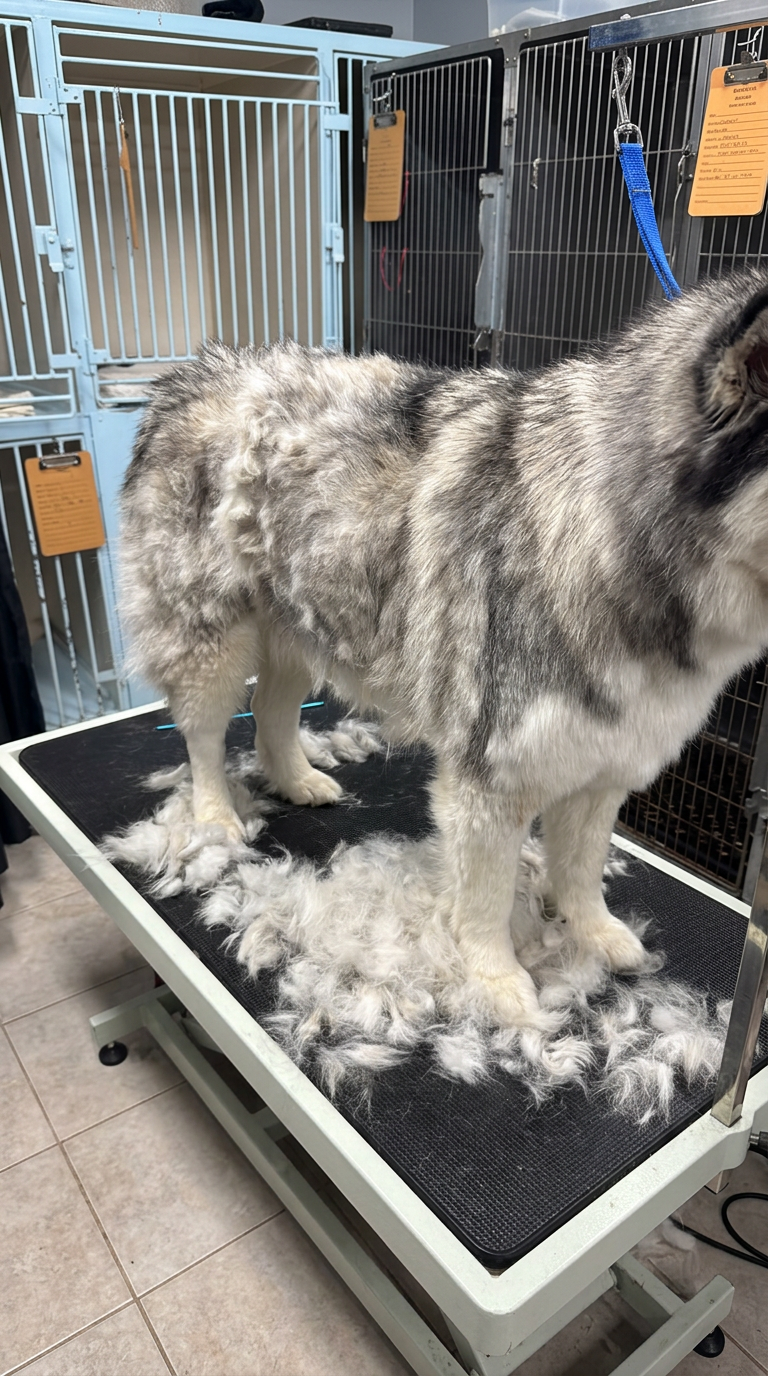 gray and white Husky before grooming