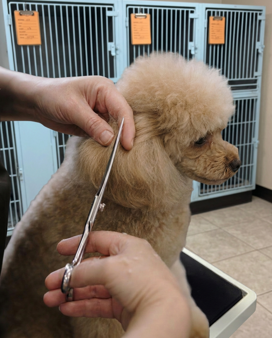 A groomer hand-scissoring a poodle's ear in the Blue Ribbon salon