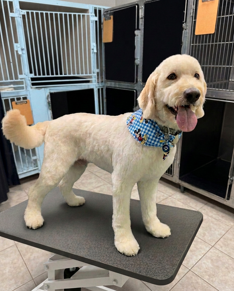 Freshly groomed cream Doodle-type dog wearing a blue patterned bandana