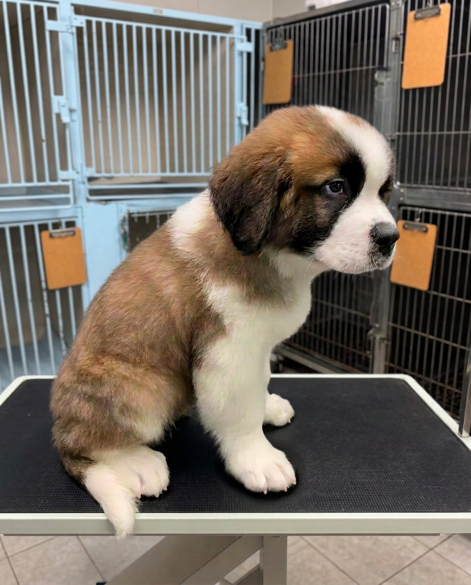 Saint Bernard puppy sitting in the grooming salon