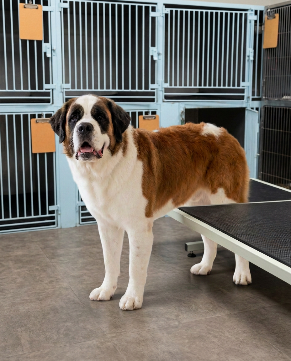 Freshly groomed adult Saint Bernard standing in the salon