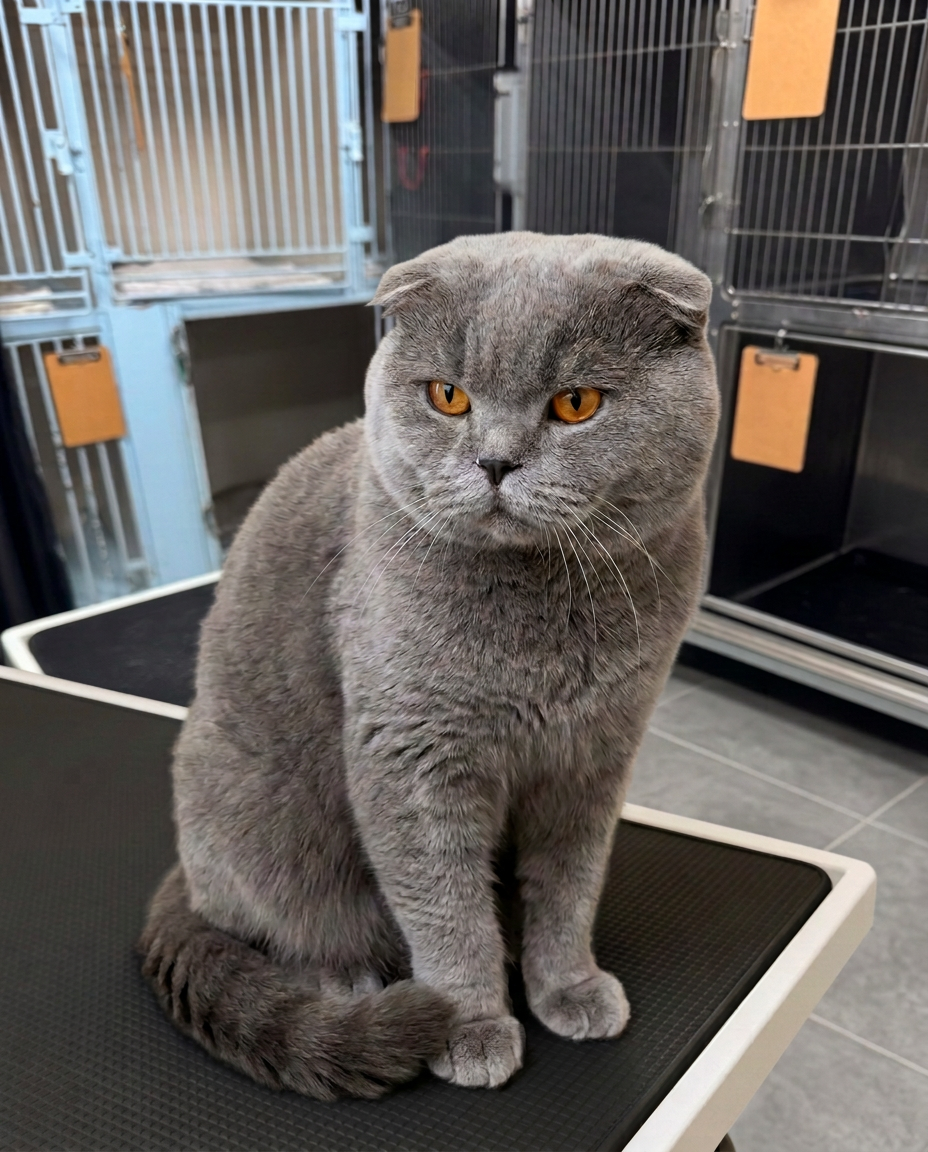 Gray folded-ear cat after grooming