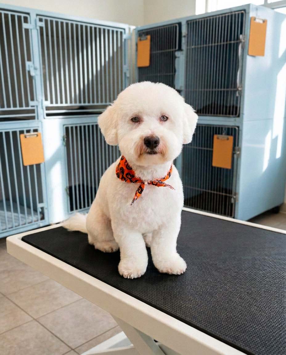 Freshly groomed small white dog wearing an orange neckerchief