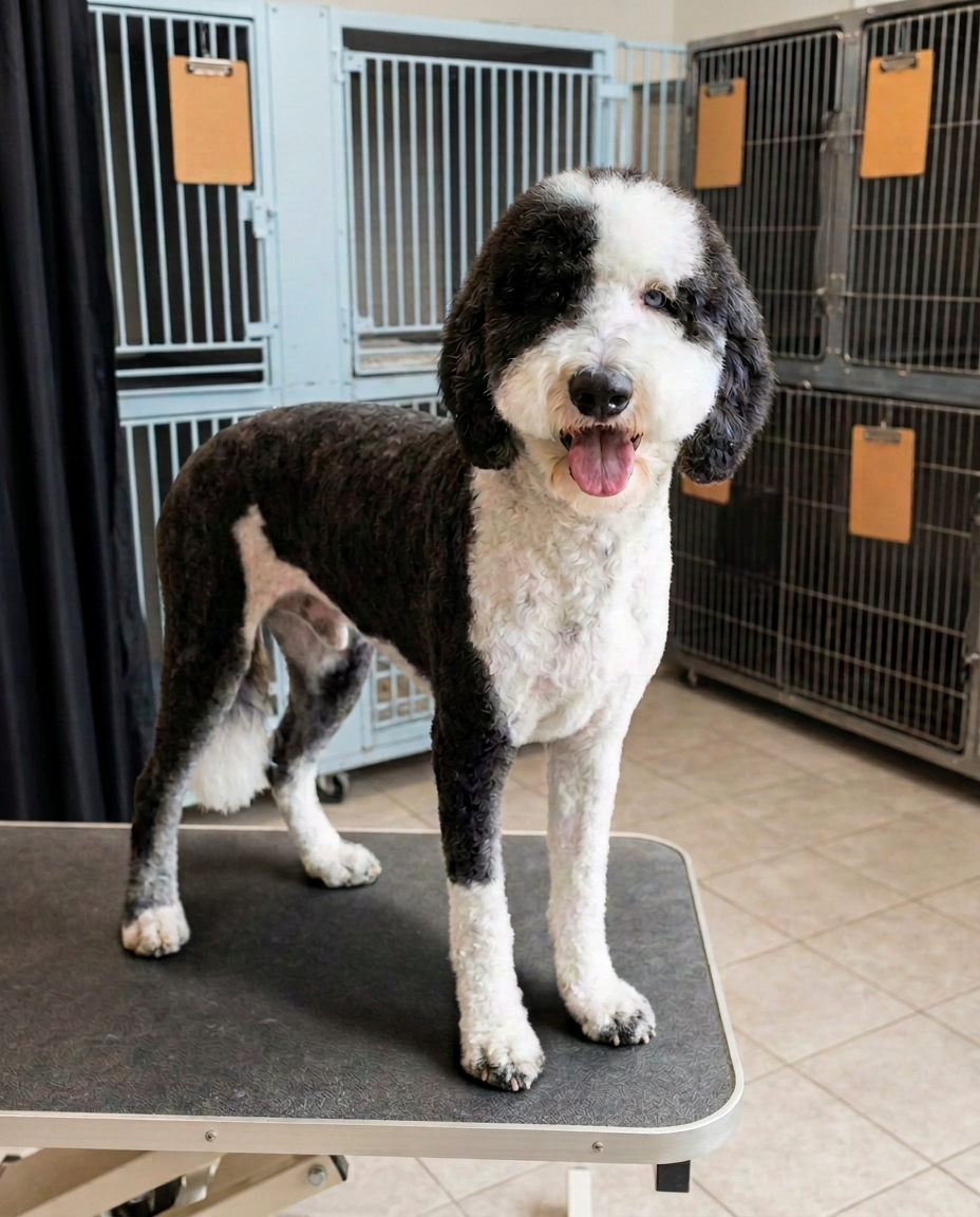 Freshly groomed black-and-white Poodle-type dog