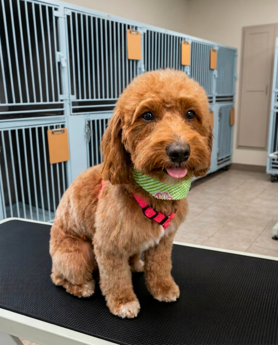 Freshly groomed red Poodle-type puppy wearing a green bandana