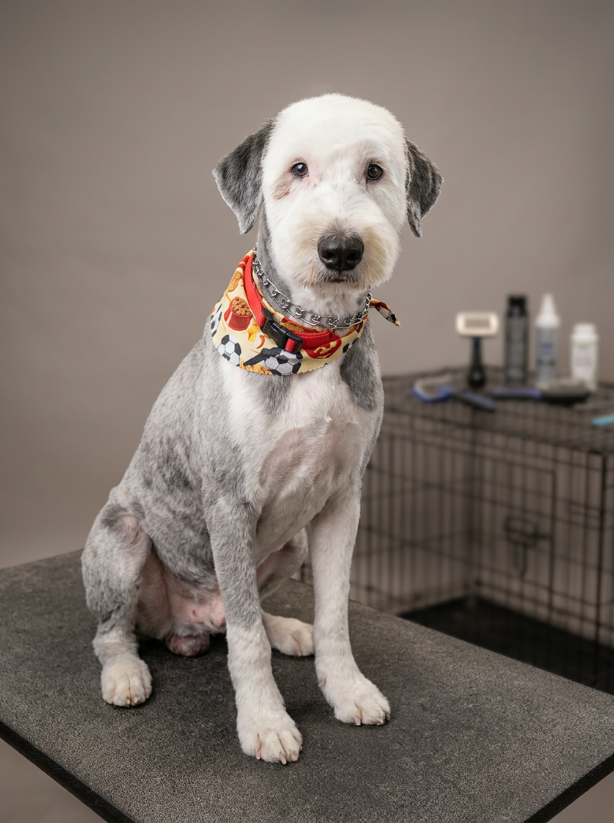 A large white Poodle mix with a bandana after a full body clip