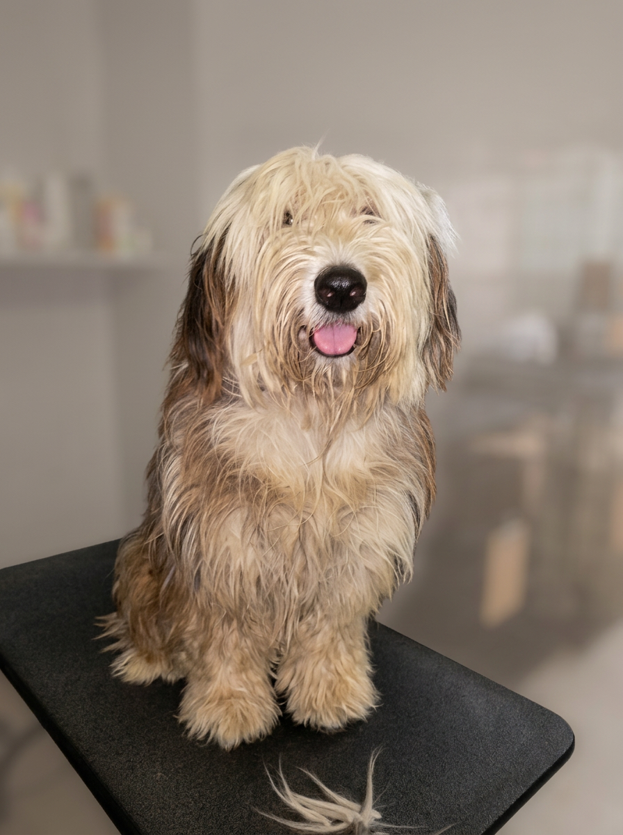 A shaggy cream Wheaten-type dog smiling on the grooming table