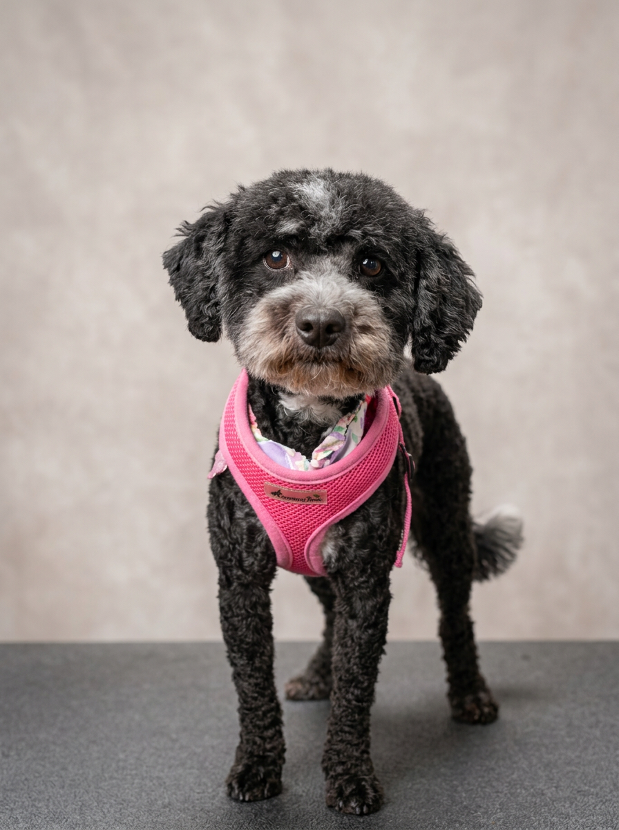 A dark curly Poodle mix in a pink harness on the grooming table