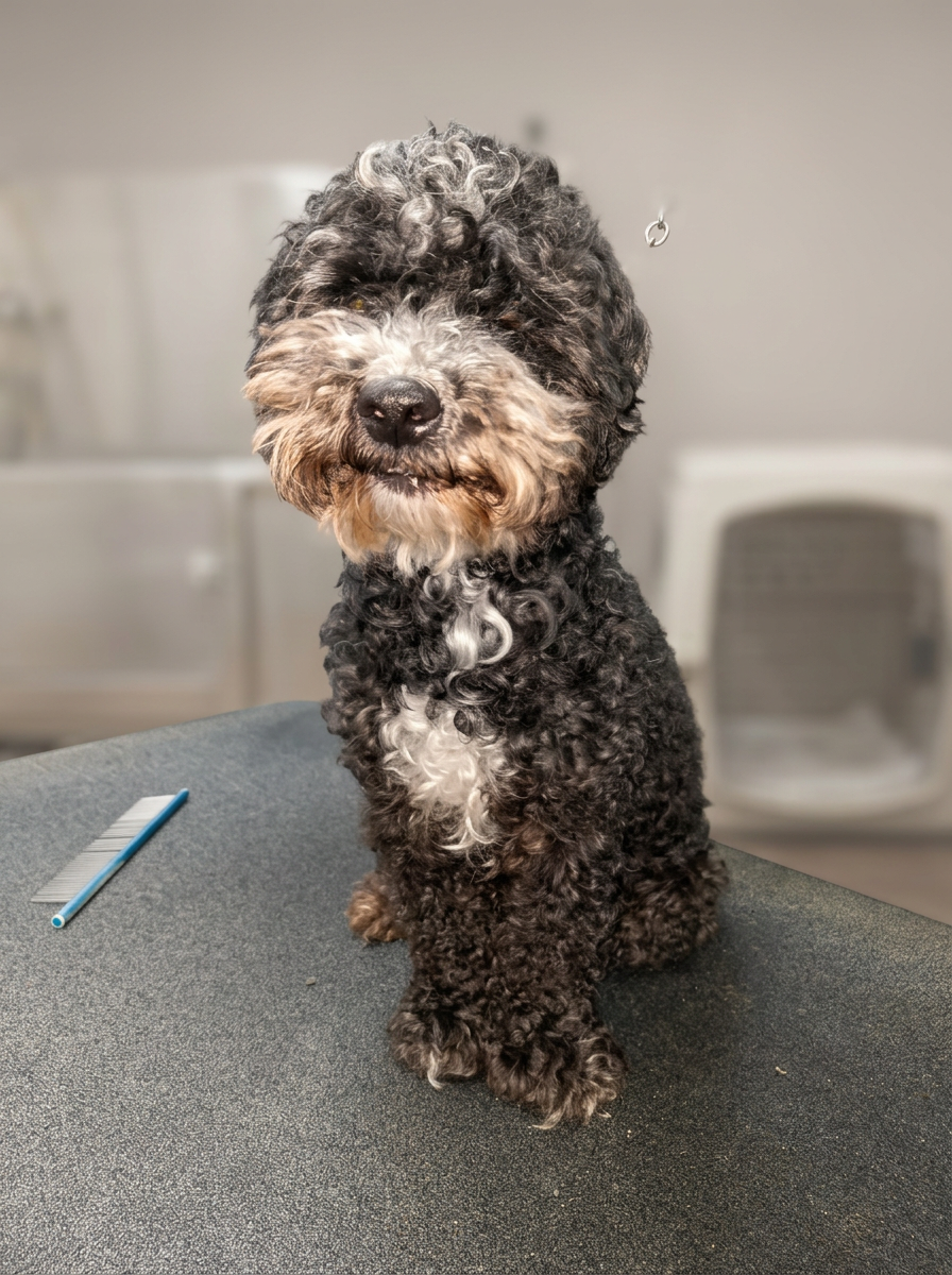 A grey and black curly Poodle mix sitting on the grooming table
