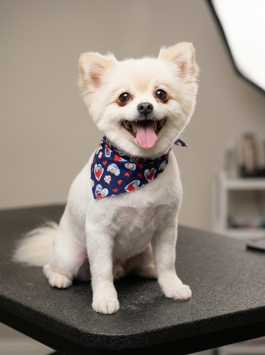 A smiling white Pomeranian mix with a bandana after its trim
