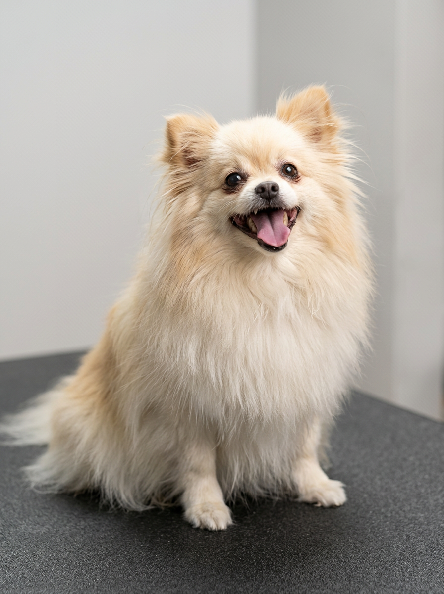 A fluffy cream Pomeranian smiling on the grooming table