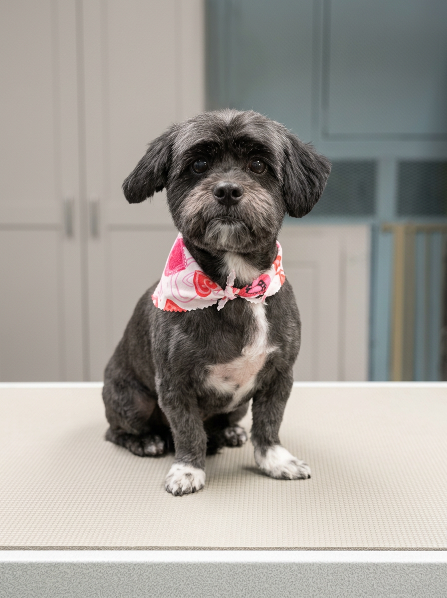 A small grey Shih Tzu mix with a heart-print bandana after a haircut