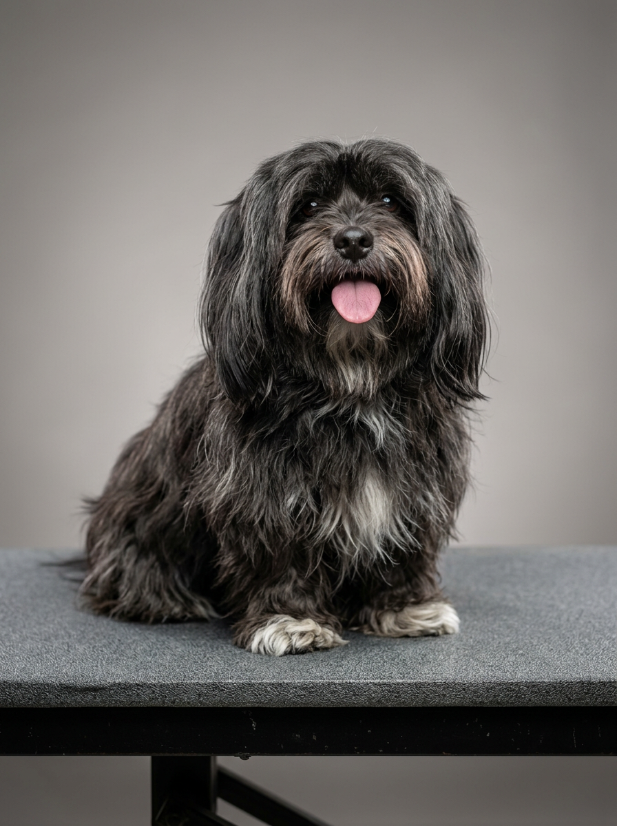 A shaggy grey terrier mix sitting mid-groom with trimmed hair on the table
